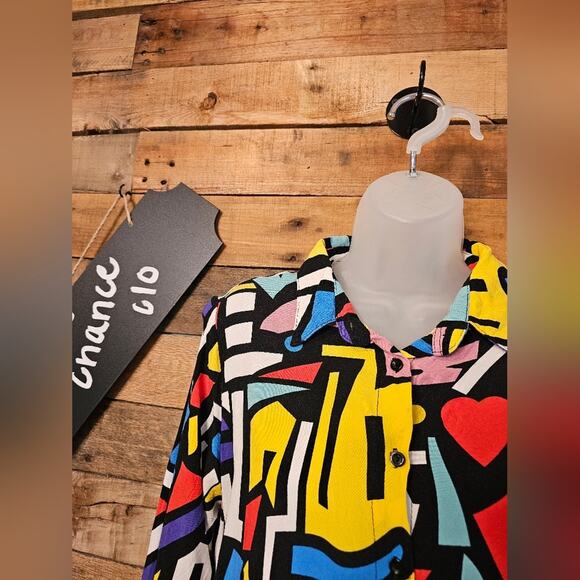 Big Dart Women's Colorful Retro Pop Art Print Button Up Long Sleeve Sz M/L - Picture 3 of 12